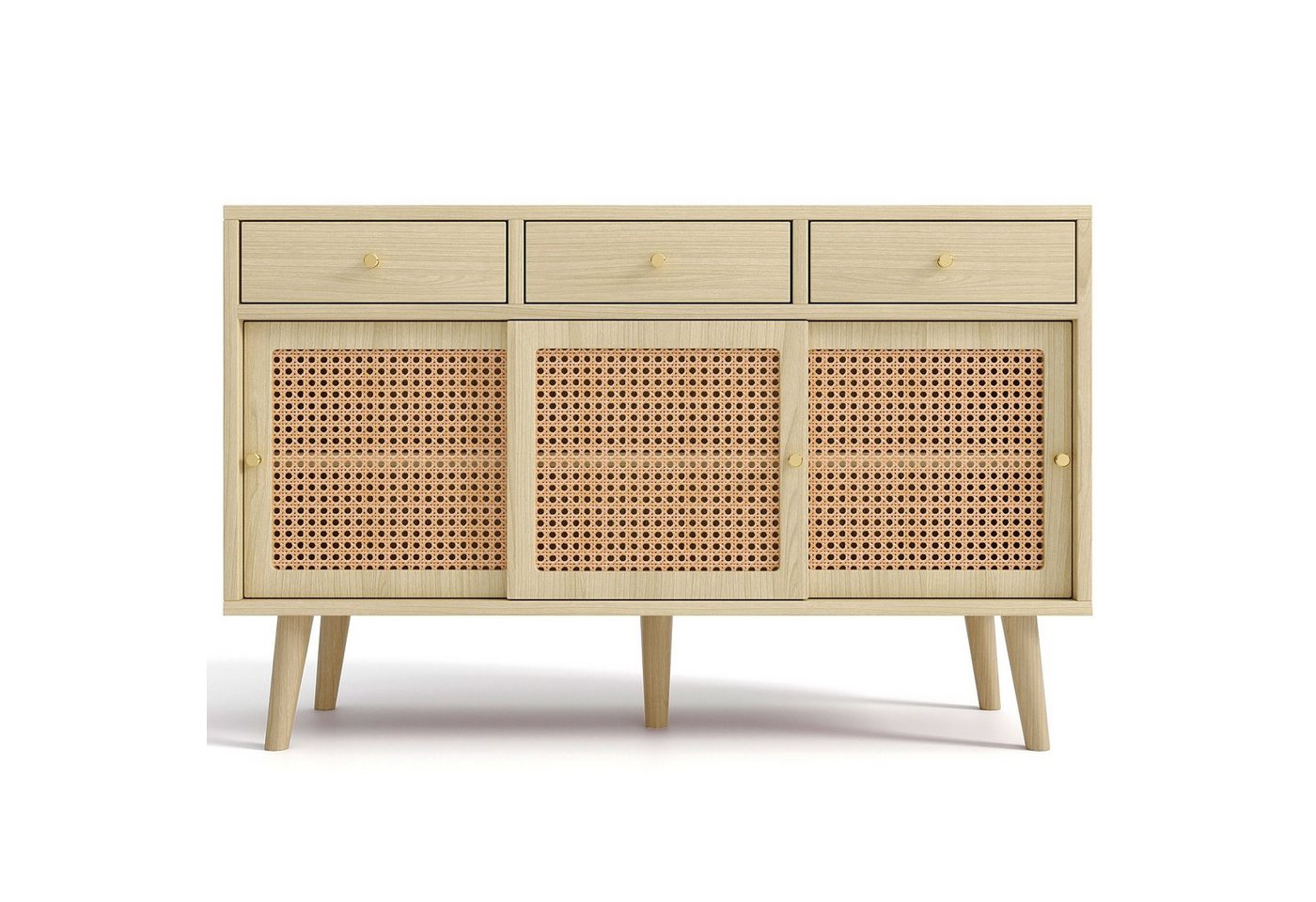 Flieks Sideboard, Kommode mit 3 Schubladen und 3 Schiebetüren Rattangeflecht 120x40x78cm von Flieks