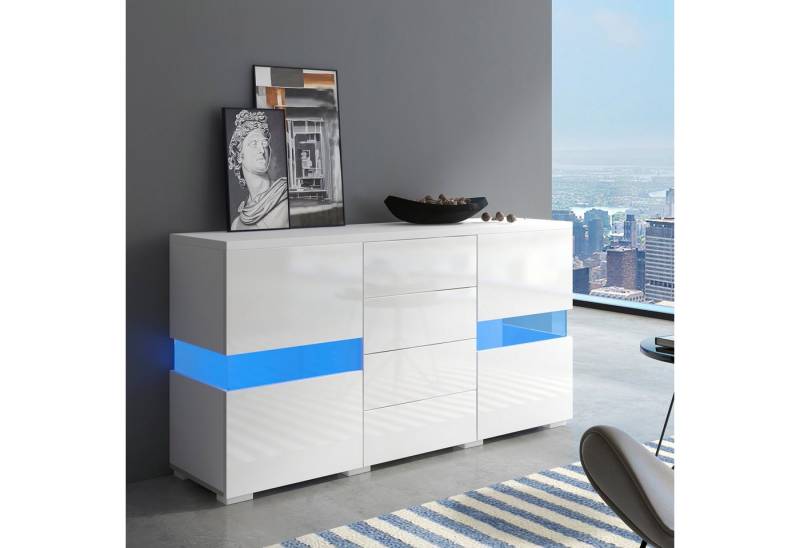 Flieks Sideboard (1 St., mit 2 Türen und 4 Schubladen), Kommode mit LED Schrank Anricht 140*35*72cm Weiß von Flieks