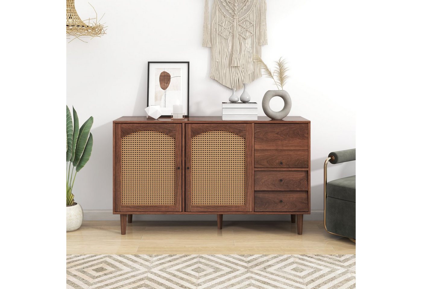 Flieks Sideboard (1 St., mit 3 Türen und 2 Schubladen), Kommode aus Holz und Rattan, Landhaus Stil, Anrichte, 130*40*75cm von Flieks