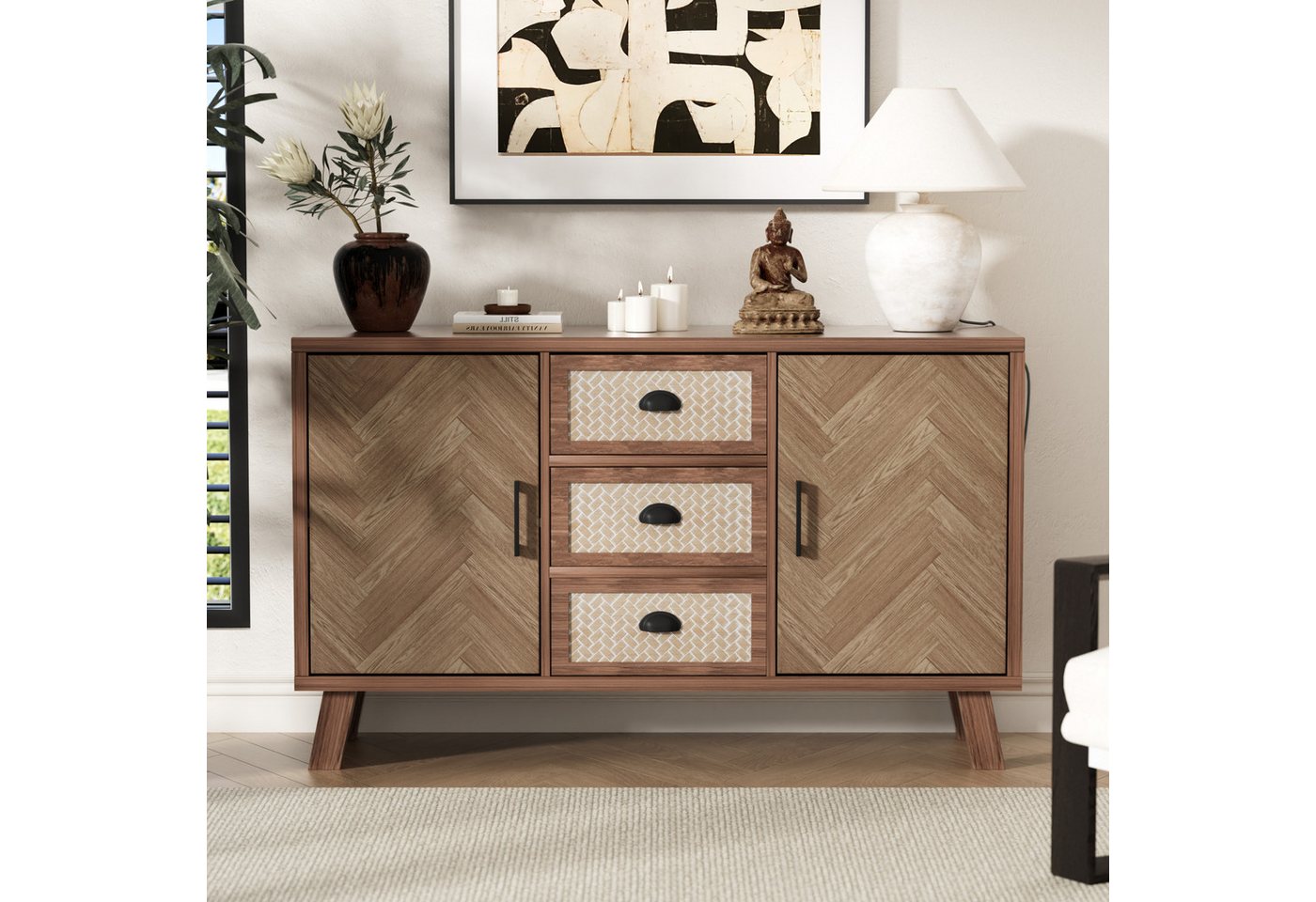 Flieks Sideboard (120x40x84 cm, 1 St), Kommode mit 3 Schubladen und 2 Türen Schrank Anrichte, Massivholzbeine von Flieks