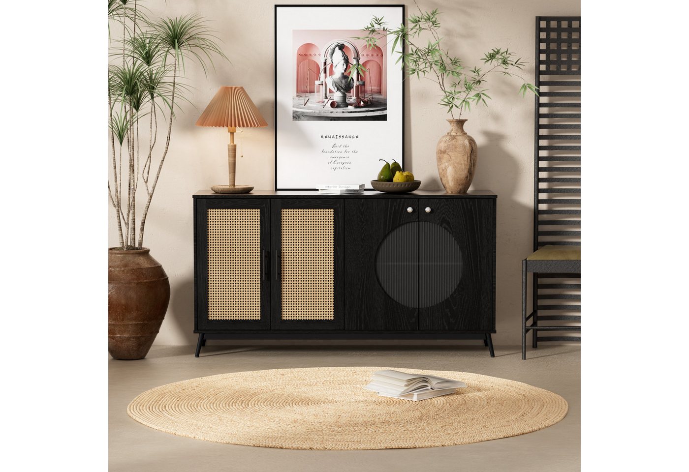 Flieks Sideboard (160x40x80 cm, 1 St), Kommode mit 2 Glastüren und 2 Rattantüren Schrank Anrichte von Flieks