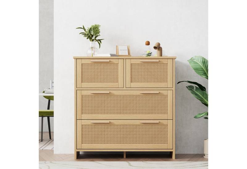 Flieks Sideboard (80x38x80cm, 1 St), 4-Schubladen Rattanschrank Kommode Anrichte Wohnzimmer von Flieks
