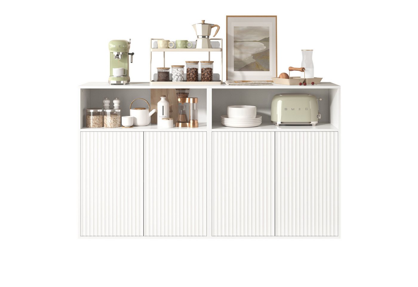 Flieks Sideboard (Set, 2 St., 140x35x90 cm), 2er Set Küchenschrank mit 2 Blistertür Anrichte Wohnzimmer weiß von Flieks