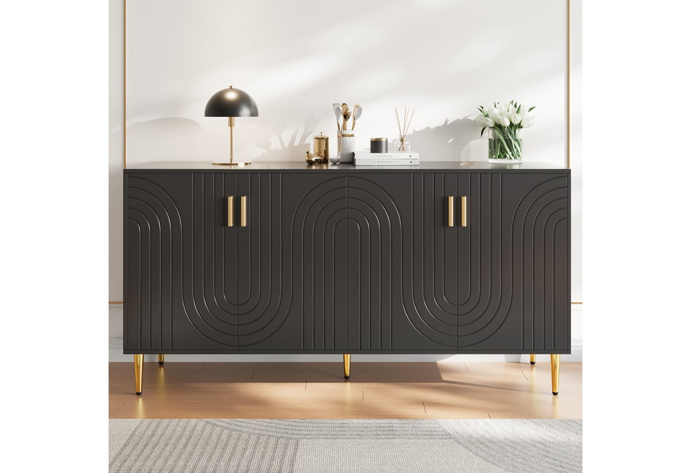 Flieks Sideboard Buffetschrank mit Einzigartigem Wellendesign und goldenen Griffen (152x40x75 cm, 1 St), Kommodechrank mit 4 Türen Wohnzimmer hochglanz Anrichte Schwarz von Flieks