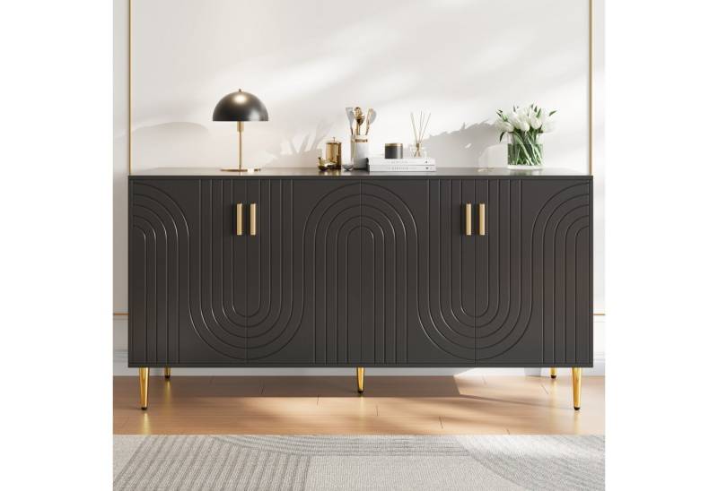 Flieks Sideboard Buffetschrank mit Einzigartigem Wellendesign und goldenen Griffen (152x40x75 cm, 1 St), Kommodechrank mit 4 Türen Wohnzimmer hochglanz Anrichte Schwarz von Flieks