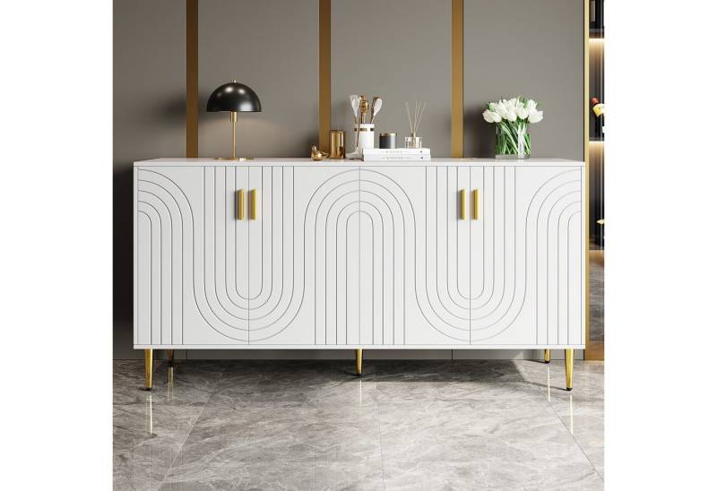 Flieks Sideboard Buffetschrank mit Einzigartigem Wellendesign und goldenen Griffen (152x40x75 cm, 1 St), Kommodechrank mit 4 Türen Wohnzimmer hochglanz Anrichte Weiß von Flieks