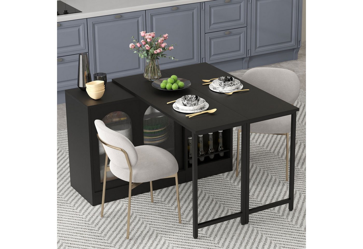 Flieks Sideboard mit 360° drehbar Tisch und verstellbarer Einlegeböden 2-in-1 (2 St., klappbare Tischplatte T40-80 cm), erweiterbarer Esstisch & Mehrzweckschrank mit Glasschiebetüren Schwarz von Flieks