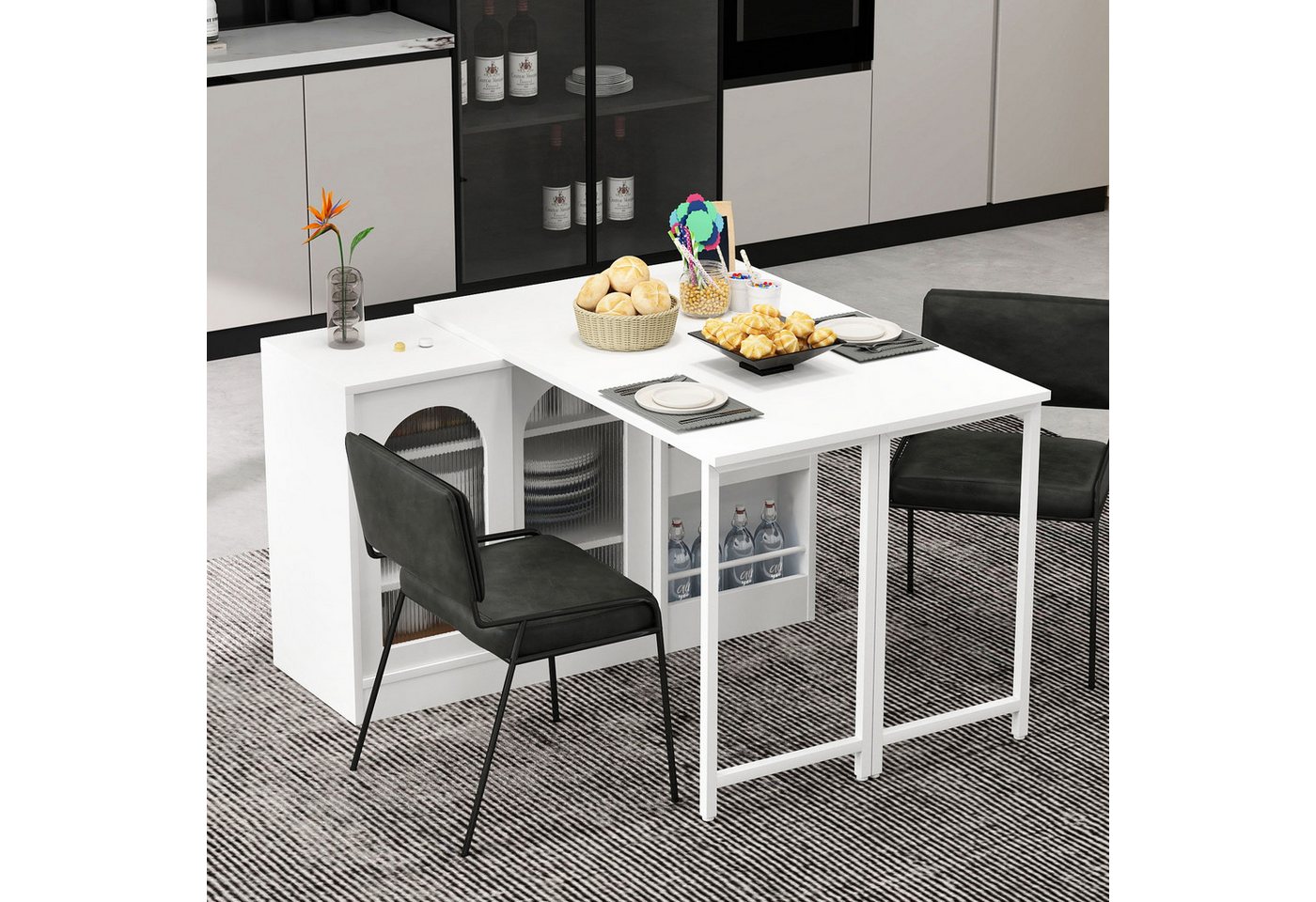 Flieks Sideboard mit 360° drehbar Tisch und verstellbarer Einlegeböden 2-in-1 (2 St., klappbare Tischplatte T40-80 cm), erweiterbarer Esstisch & Mehrzweckschrank mit Glasschiebetüren Weiß von Flieks