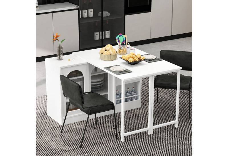 Flieks Sideboard mit 360° drehbar Tisch und verstellbarer Einlegeböden 2-in-1 (2 St., klappbare Tischplatte T40-80 cm), erweiterbarer Esstisch & Mehrzweckschrank mit Glasschiebetüren Weiß von Flieks