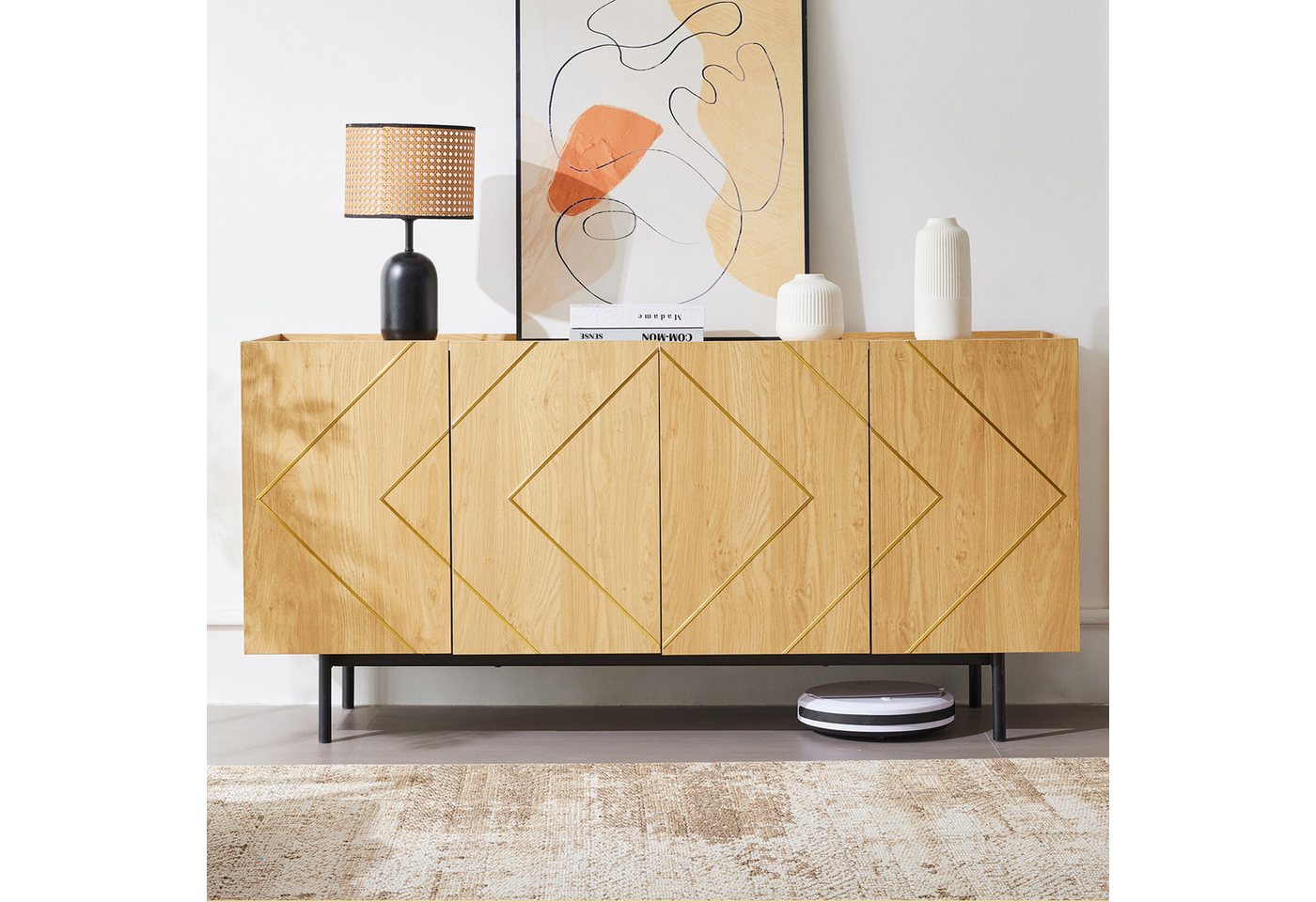 Flieks Sideboard mit 4 Türen (B160/T40/H78 cm, 1 St., für Wohnzimmer, Schlafzimmer, Esszimmer, Flur), Mehrzweckschrank mit verstellbare Einlegeböden Holzoptik, Metallbeine von Flieks