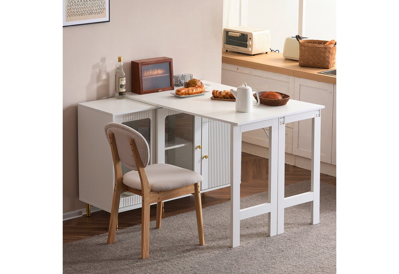 Flieks Sideboard mit klappbarem Ausziehtisch 360° drehbar Weiß (Set, 1 St., erweiterbare Tischplatte 40-80cm), Küchenschrank Esstisch mit 2 Glasschiebetür und 1 Schubladen von Flieks
