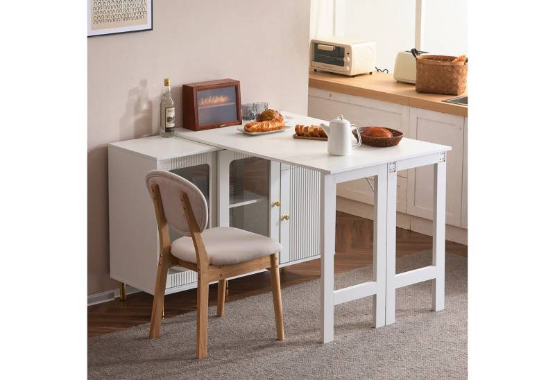 Flieks Sideboard mit klappbarem Ausziehtisch 360° drehbar Weiß (Set, 1 St., erweiterbare Tischplatte 40-80cm), Küchenschrank Esstisch mit 2 Glasschiebetür und 1 Schubladen von Flieks