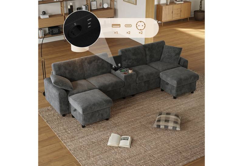 Flieks Sofa 4-Sitzer mit 2 Steckdosen, 1 USB-Anschluss und 2 Type-C-Anschlüssen, mit 2 Getränkehaltern und 2 Zierkissen, B315×H81×T135 cm 3 Teile, U-förmig Polstersofa inkl. 2 Fußhockern mit Stauraum Grau, Corduroy von Flieks