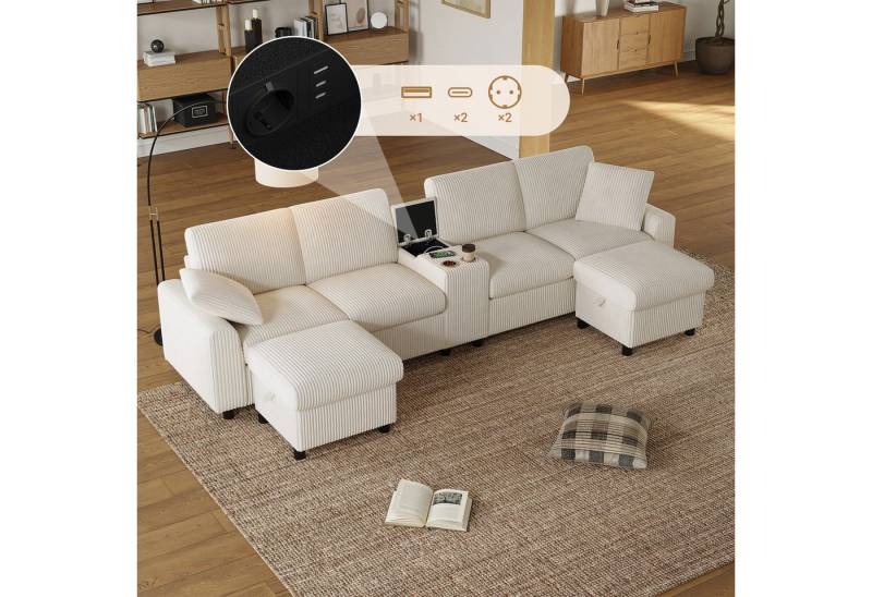 Flieks Sofa 4-Sitzer mit 2 Steckdosen, 1 USB-Anschluss und 2 Type-C-Anschlüssen, mit 2 Getränkehaltern und 2 Zierkissen, B315×H81×T135 cm 3 Teile, U-förmig Polstersofa inkl. 2 Fußhockern mit Stauraum Beige, Corduroy Flieks Sofa 4-Sitzer mit 2 Steckdosen, 1 USB-Anschluss und 2 Type-C-Anschlüssen, mit 2 Getränkehaltern und 2 Zierkissen, B315×H81×T135 cm 3 Teile, U-förmig Polstersofa inkl. 2 Fußhockern mit Stauraum Beige, Corduroy von Flieks