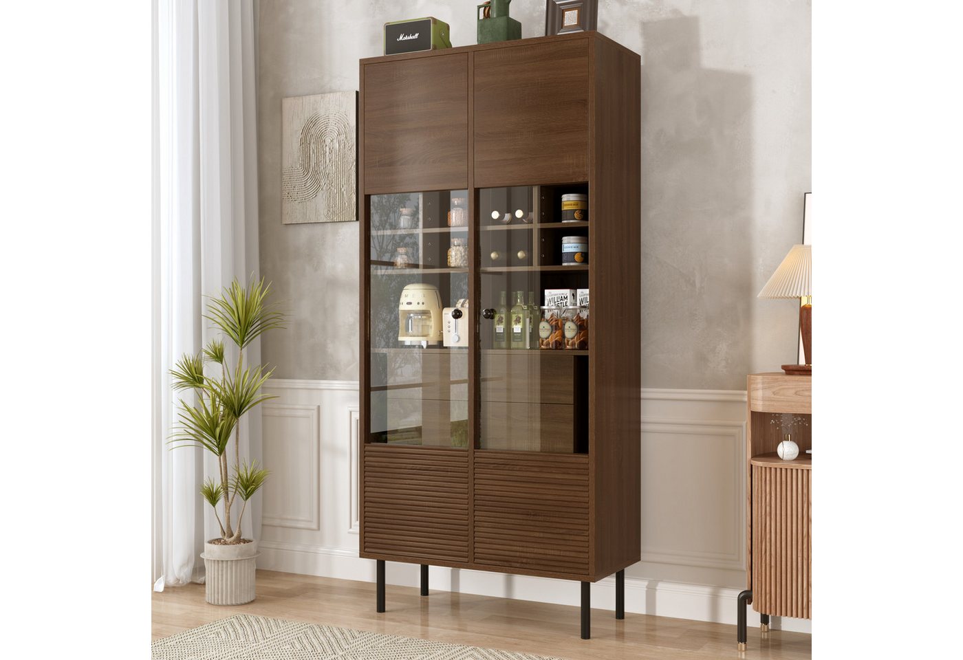 Flieks Vitrine mit Glastüren und versteckte Schubladen (75,5x35x164,5 cm, 1-St) Hochschrank Badkommode Glasvitirne Standvitrine Nussbaumholzoptik von Flieks