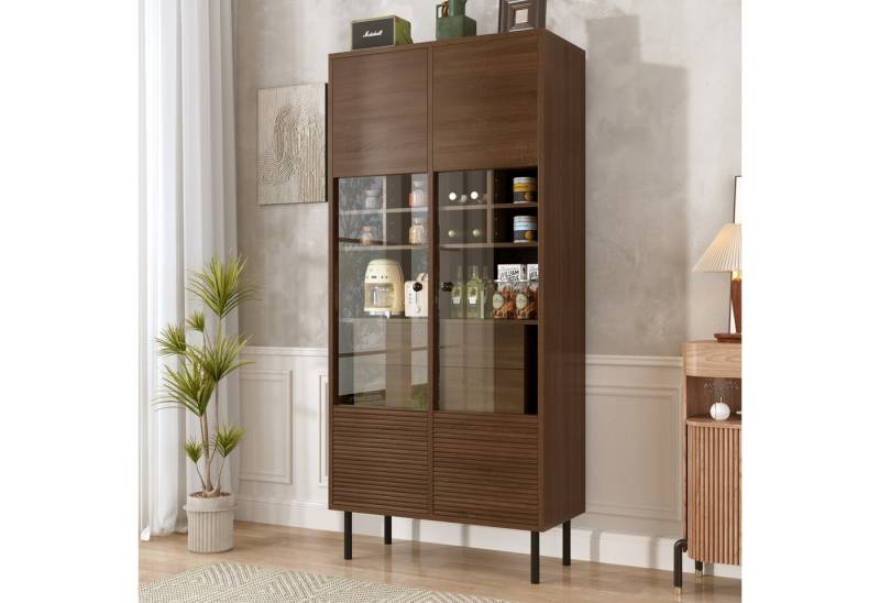 Flieks Vitrine mit Glastüren und versteckte Schubladen (75,5x35x164,5 cm, 1-St) Hochschrank Badkommode Glasvitirne Standvitrine Nussbaumholzoptik von Flieks