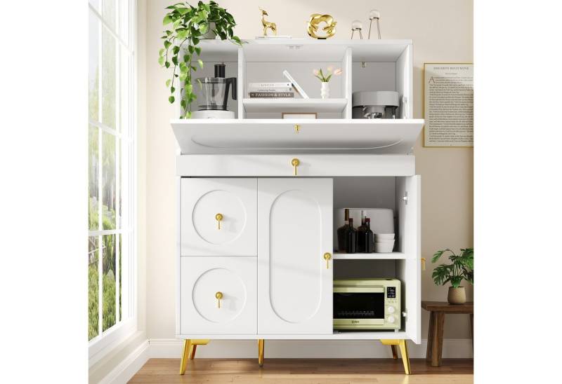 Flieks Vorratsschrank Küchenbuffet mit Falttüren und 3 Schubladen Weiß (B100/T50/H140 cm, 1-St., für Esszimmer, Wohnzimmer und Arbeitszimmer) Küchenschrank Hochschrank Mehrzweckschrank Holz von Flieks