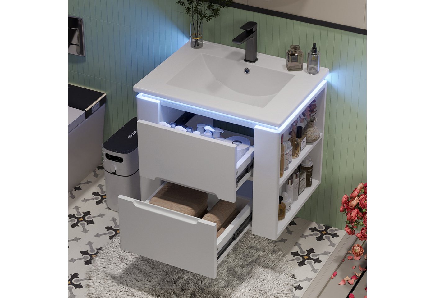 Flieks Waschtisch Waschbeckenunterschrank mit LED-Radarsensor inkl. Waschbecken (wandhängend, Badezimmerschrank Volllackierung, 1-St., B61/T46/H50 cm), Badmöbel-Set Badschrank mit 2 Schubladen und Ablagen Waschplatz Weiß von Flieks