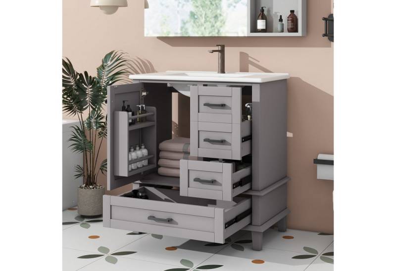 Flieks Waschtisch mit 3 Schubladen und 1 Türregal (B76/T46/H83,5 cm, Beine aus Massivholz, 1-St., bodenstehend, Badschrank Badzimmerschrank Volllackierung), Waschbeckenunterschrank mit Waschbecken Badmöbel in Breite 76 cm von Flieks