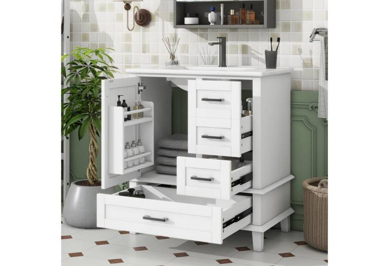 Flieks Waschtisch mit 3 Schubladen und 1 Türregal (B76/T46/H83,5 cm, 1-St., bodenstehend, Badschrank mit Massivholzbeine), Waschbeckenunterschrank mit Waschbecken Badmöbel in Breite 76 cm von Flieks