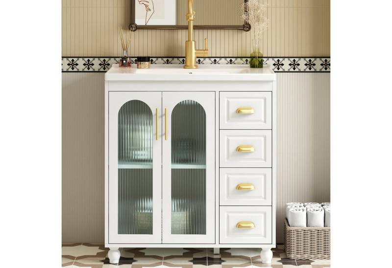 Flieks Waschtisch mit 3 Schubladen und 2 Glastüren Weiß (B80/T47/H90 cm, 1-St., bodenstehend, Badschrank mit verstellbare Einlegeböden), Waschbeckenunterschrank mit Waschbecken Badmöbel in Breite 80 cm von Flieks