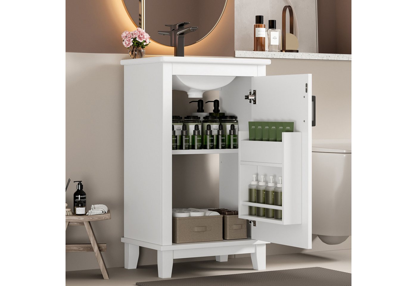 Flieks Waschtisch mit Türregalen (B51/T34/83 cm, 1-St., bodenstehend, Badezimmerschrank mit verstellbare Einlegeböden), Waschbeckenunterschrank mit Waschbecken Badmöbel in Breite 51 cm von Flieks