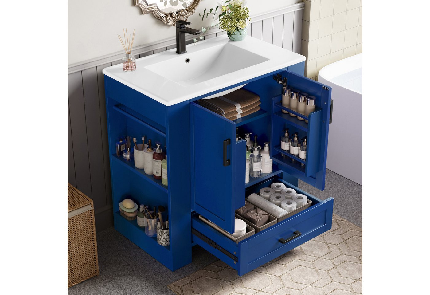 Flieks Waschtisch mit Türregalen und Schubladen Blau (B76/T46/H78,5 cm, 1-St., bodenstehend, Badzimmerschrank mit verstellbare Einlegeböden), Waschbeckenunterschrank mit Waschbecken Badmöbel in Breite 76 cm von Flieks