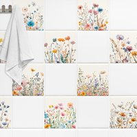 Fliesenaufkleber Wiese Blumen Bad & Küche, Boho Shabby Chic Fliesenbilder Selbstklebend 10 Stück Set von FliesenaufkleberShop