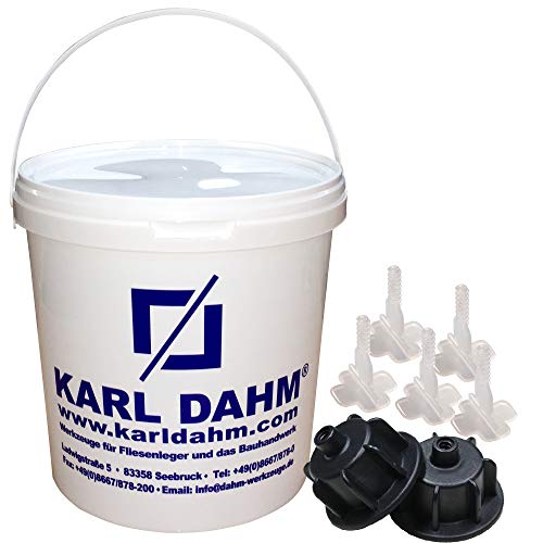 Karl Dahm Fliesen Nivelliersystem Levelmac Starter-Set für 2 mm Fugen: 30 schwarze Zughauben für 3-12 mm Fliesenstärke + 100 Basislaschen + Eimer I Professionelle Fliesen Verlegehilfe – 12504 von Karl Dahm