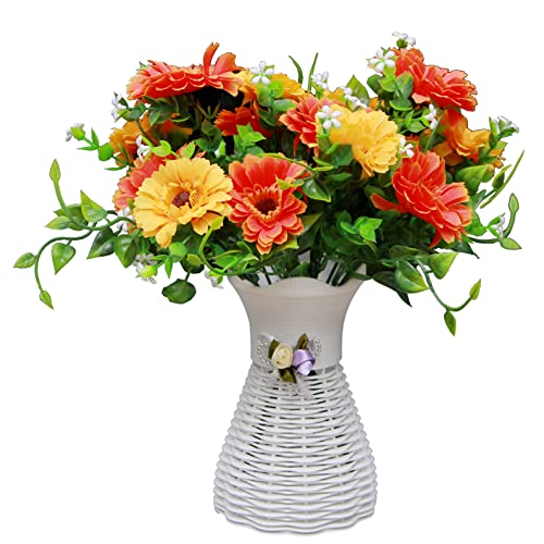 Flikool 2 Blumenstrauß Chrysantheme Künstliche Blumen mit Plastikvase Unechte Gerbera Künstliche Sträuße Gefälschte Seide Gänseblümchen Kunstblumen Seidenblumen Blumenarrangements Dekoration - Orange von Flikool