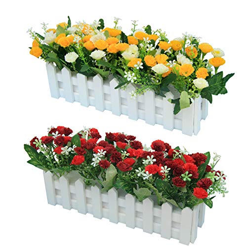 Flikool 2pcs Künstliche Nelken mit Holzzaun Unechte Seiden Blumen Deko Gefälschte Kunstblumen im Topf Künstliche Blumen Pflanzen Kunstpflanzen Für Zuhause Balkon Fenster Muttertag - Rot+Gelb von Flikool