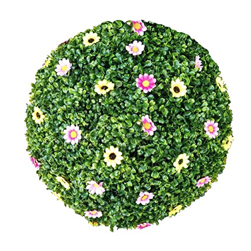 Flikool Künstliche Buchsbaumkugel mit Blumen Grün Dekogras Topiary Künstliche Buchskugel Buchsbaum Kunstpflanze Gras Künstliche Pflanzen - Außendurchmesser 20cm von Flikool