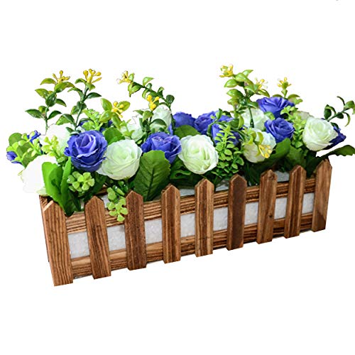 Flikool Roses Künstliche Pflanzen mit Dunkel Zaun Gefälschte Künstliche Blumen mit Topf Simulation Topfpflanzen Bonsai Kunstblumen Kunstpflanzen Ornaments Dekorationen - Blau Weiß von Flikool