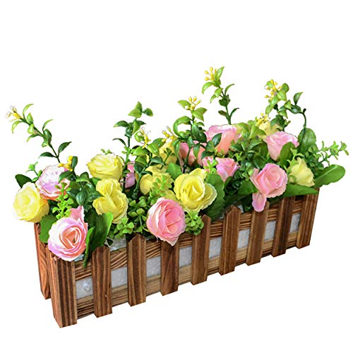 Flikool Roses Künstliche Pflanzen mit Dunkel Zaun Gefälschte Künstliche Blumen mit Topf Simulation Topfpflanzen Bonsai Kunstblumen Kunstpflanzen Ornaments Dekorationen - Gelb Pink von Flikool
