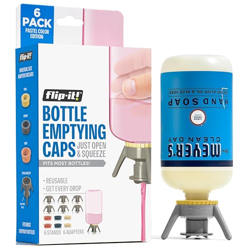 Flip-It! Entleerungs-Set für Flaschen – 6 Flaschen – kein verschwendetes Produkt mehr – passend für die meisten Plastikflaschen – 6 Basiskappen, 6 Adapter – Pastellfarben-Edition von Flip-It!
