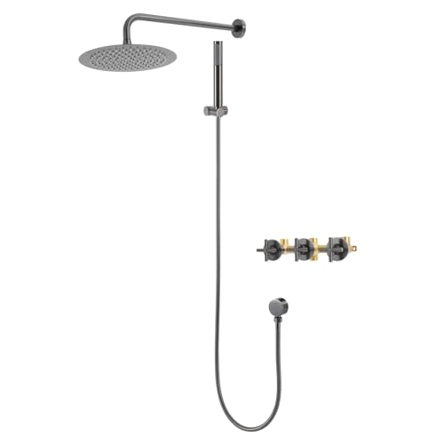Duschsystem mit Armatur | Duschsystem mit Thermostat | Duschsystem mit Regenmodus | Messing/Edelstahl | 45° verstellbarer Halter | Einfache Installation | Für Bad & Hotel (Grau) von Fliuyr