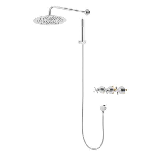 Duschsystem mit Armatur | Duschsystem mit Thermostat | Duschsystem mit Regenmodus | Messing/Edelstahl | 45° verstellbarer Halter | Einfache Installation | Für Bad & Hotel (Silber) von Fliuyr