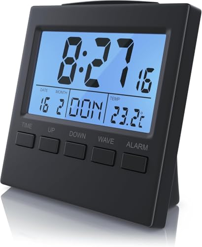 Fllyvly Funkwecker digital mit Temperaturanzeige - DCF-Funkuhr Reisewecker, 3,3 Zoll LCD-Display mit Blauer LED-Hintergrundbeleuchtung, Datums- und Wochentagsanzeige, ideal für Zuhause und Büro von Fllyvly