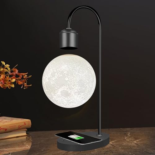 Floatidea Magnetic Levitating Moon Lamp Levitation Plastic Black Table LED Night Light Zero-Gravity Floating Desk Toys for Decoration Gifts Present with Phone Wireless Charging Pad von Floatidea