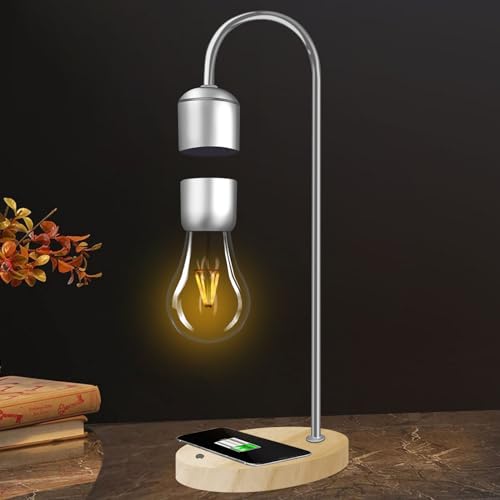Floatidea Magnetische schwebende Glühbirne mit Telefon Kabelloses Laden Pad Levitation Holz Basis Tischlampe schwebende LED Nachtlicht für Schlafzimmer Büro Dekoration einzigartiges Geschenk von Floatidea