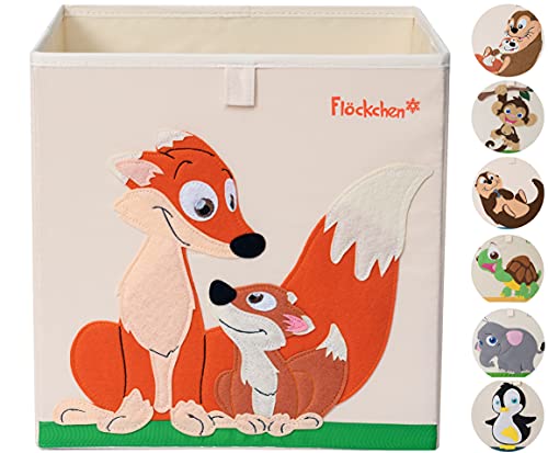 Flöckchen Kinder Aufbewahrungsbox, Spielzeugbox für Kinderzimmer I Spielzeug Box (33x33x33) passt ins Kallax Regal I Kinder Motiv Tiere (Familie Fuchs) von Flöckchen