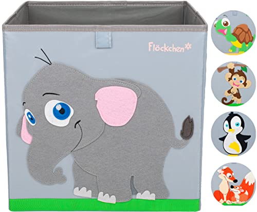 Flöckchen Kinder Aufbewahrungsbox | Premium Spielzeugkiste für Kinderzimmer I Spielzeug Box (33x33x33) bringt Ordnung ins Kallax Regal I Kinder Motiv (Emilia der Elefant Grau) von Flöckchen