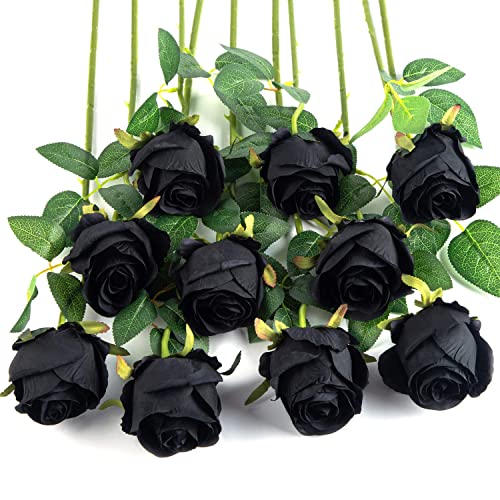 Flojery 10 künstliche Rosen, langer Stiel, künstliche Seidenrosen für DIY, Hochzeit, Blumenstrauß, Tischdekoration, Heimdekoration (schwarz) von Flojery