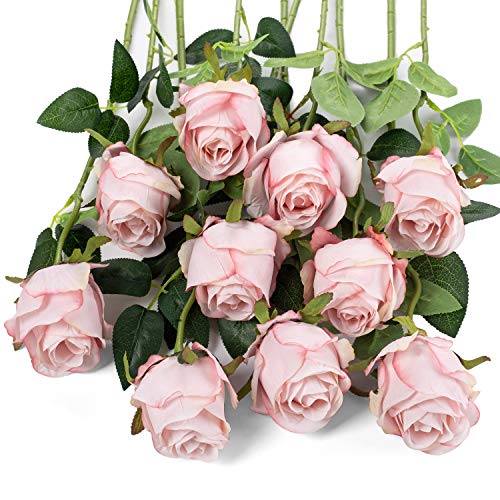 Flojery 10pcs Künstliche Rose Blumen Langer Stiel Gefälschte Seidenrosen für DIY Hochzeitsstrauß Tisch Herzstück Wohnkultur (Hellrosa) von Flojery