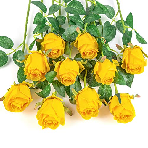 Flojery 10pcs Künstliche Rose Blumen Langer Stiel Gefälschte Seidenrosen für DIY Hochzeitsstrauß Tisch Herzstück Wohnkultur (gelb) von Flojery