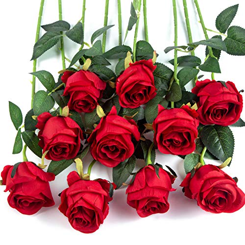 Flojery 10pcs Künstliche Rose Blumen Langer Stiel Gefälschte Seidenrosen für DIY Hochzeitsstrauß Tisch Herzstück Wohnkultur (rot) von Flojery