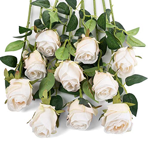 Flojery 10pcs Künstliche Rose Blumen Langer Stiel Gefälschte Seidenrosen für DIY Hochzeitsstrauß Tisch Herzstück Wohnkultur (weiß) von Flojery