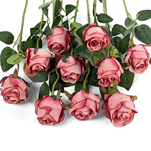 Flojery Künstliche Rosenblüten, Langer Stiel, künstliche Seidenrosen für selbstgemachte Hochzeitsstrauß, Tischdekoration, Heimdekoration, Rosenrot, 10 Stück von Flojery