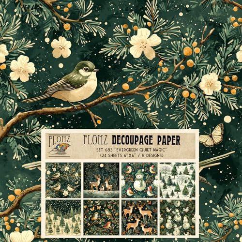 Decoupage-Papier, 24 Blatt, 15,2 x 15,2 cm, immergrün, leise Magie, grüne Weihnachtskompositionen im Volksstil mit Vögeln, Hirschen und Bäumen in digitalen malerischen Texturen von Flonz