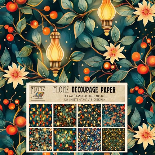 Decoupage-Papier, 24 Blatt, 15,2 x 15,2 cm, verwirrte Lichtzauber, Weihnachtslichter auf dunklem Blatthintergrund, leuchtet im malerischen digitalen Stil mit weicher Schattierung und warmer Decoupage-Papier, 24 Blatt, 15,2 x 15,2 cm, verwirrte Lichtzauber, Weihnachtslichter auf dunklem Blatthintergrund, leuchtet im malerischen digitalen Stil mit weicher Schattierung und warmer von Flonz